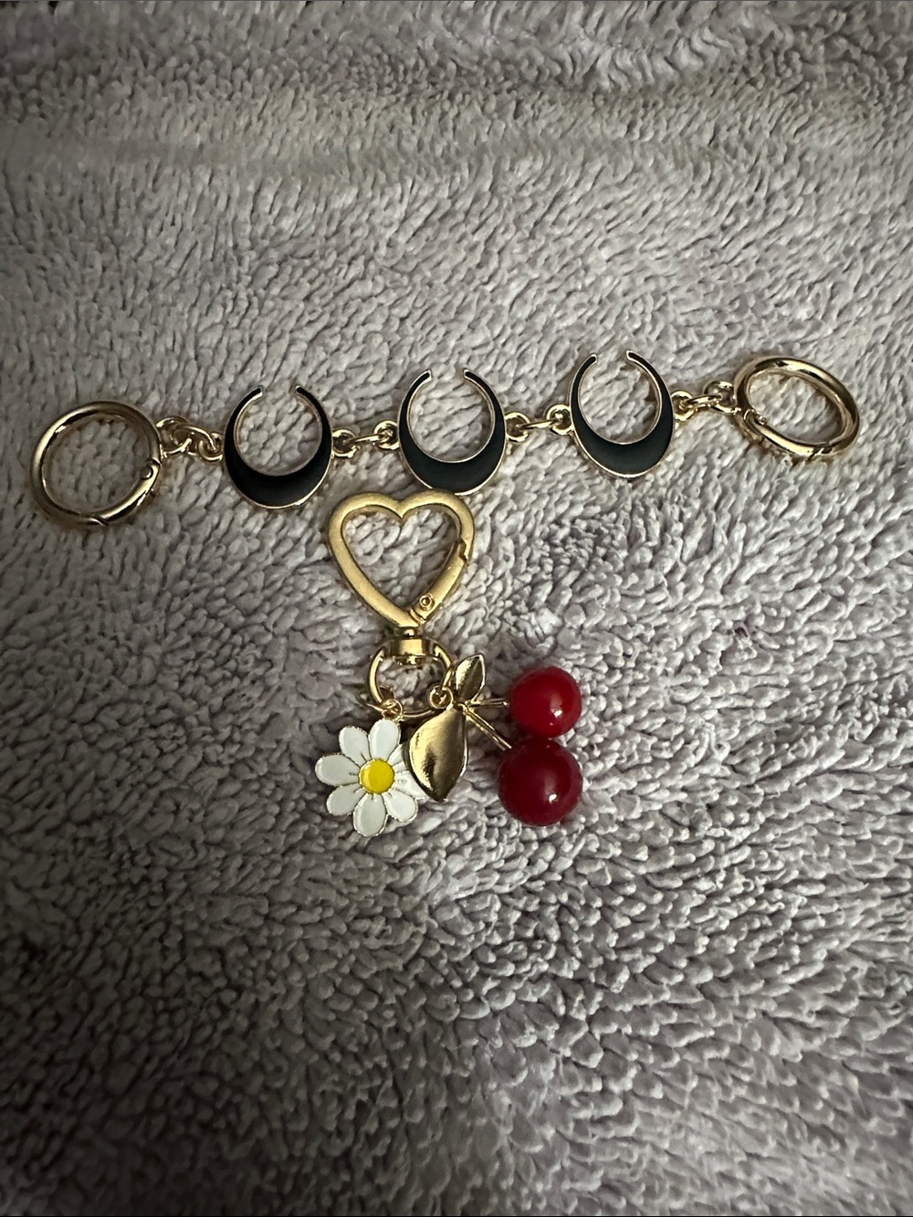 Gold Crescent black bag extender & Heart Charm Keychain with Daisy and Cherries